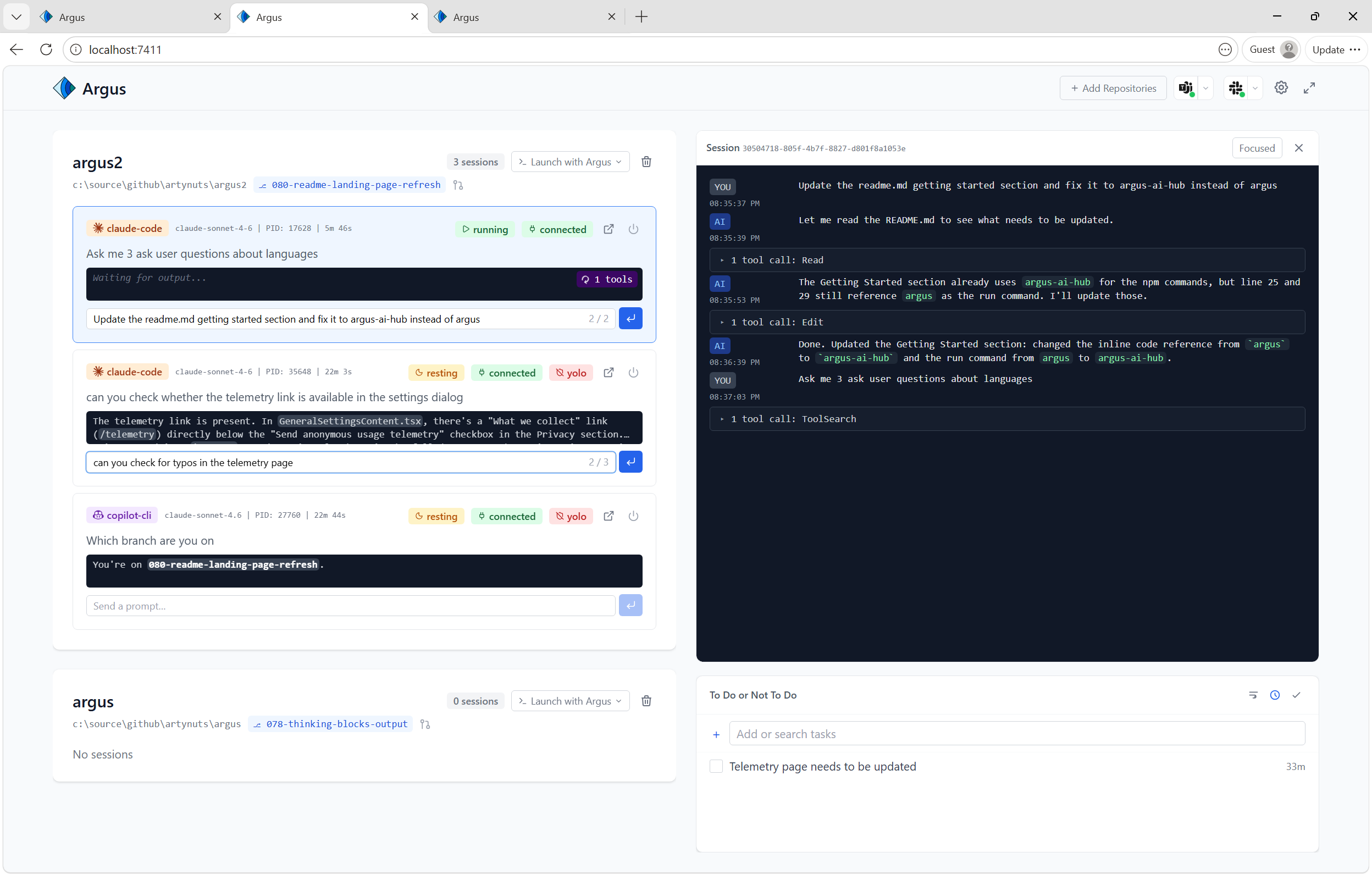 Argus dashboard showing live Claude Code and Copilot CLI sessions with status badges and elapsed time