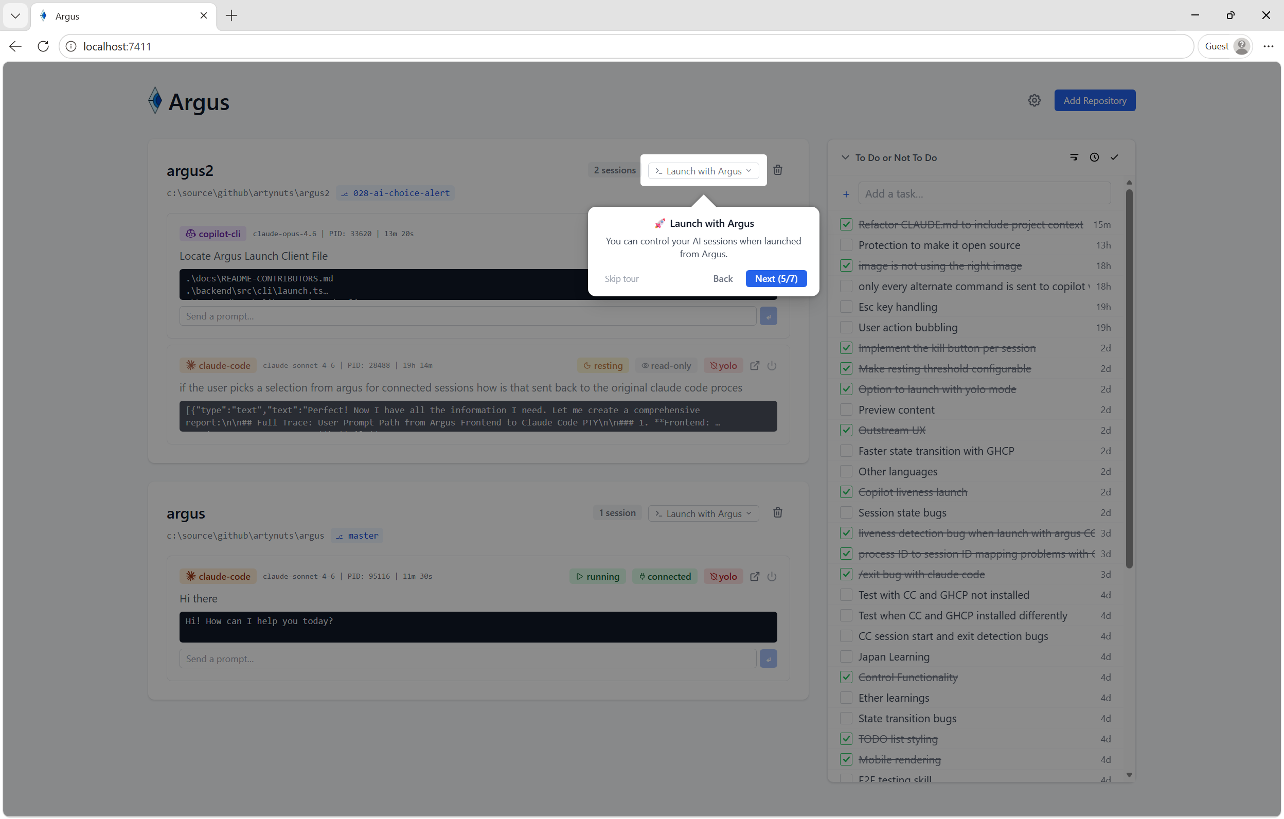 Argus control panel with prompt input and session action buttons