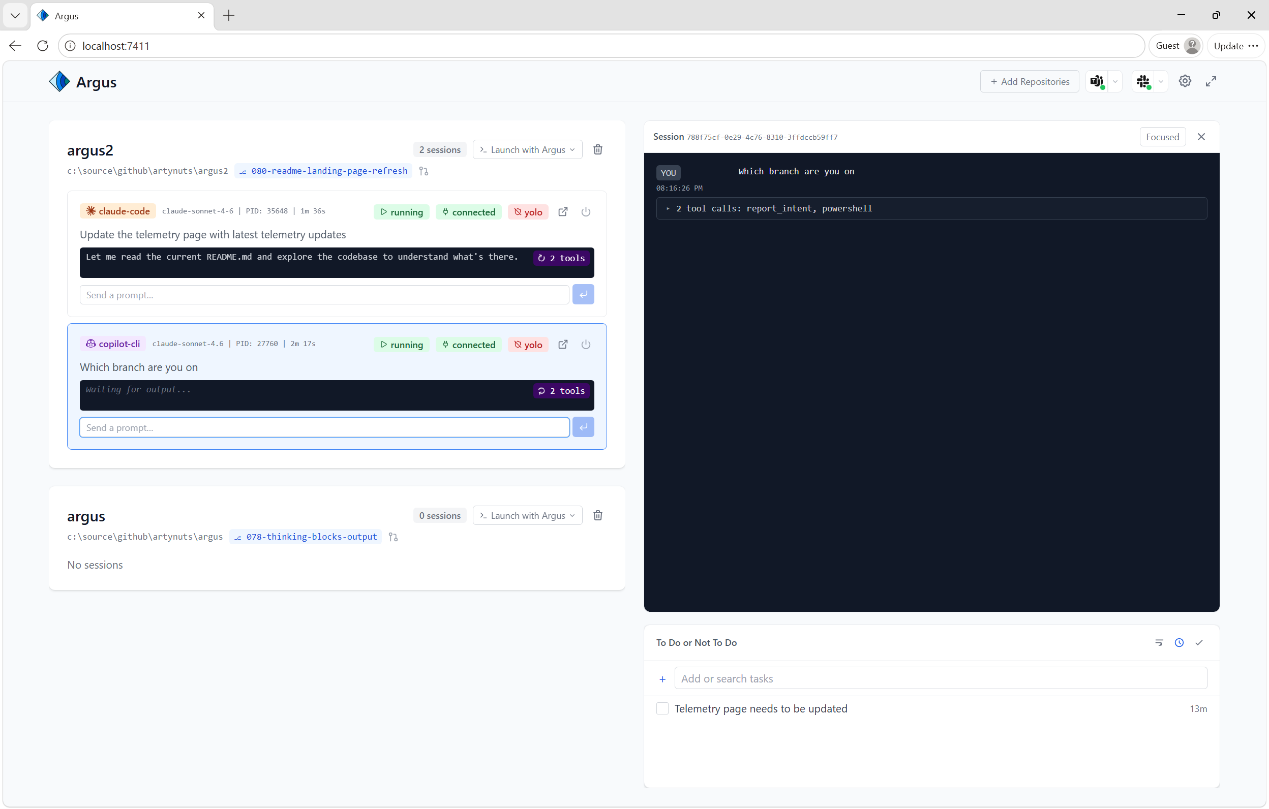 Argus session list showing multiple Claude Code and Copilot sessions with live status badges