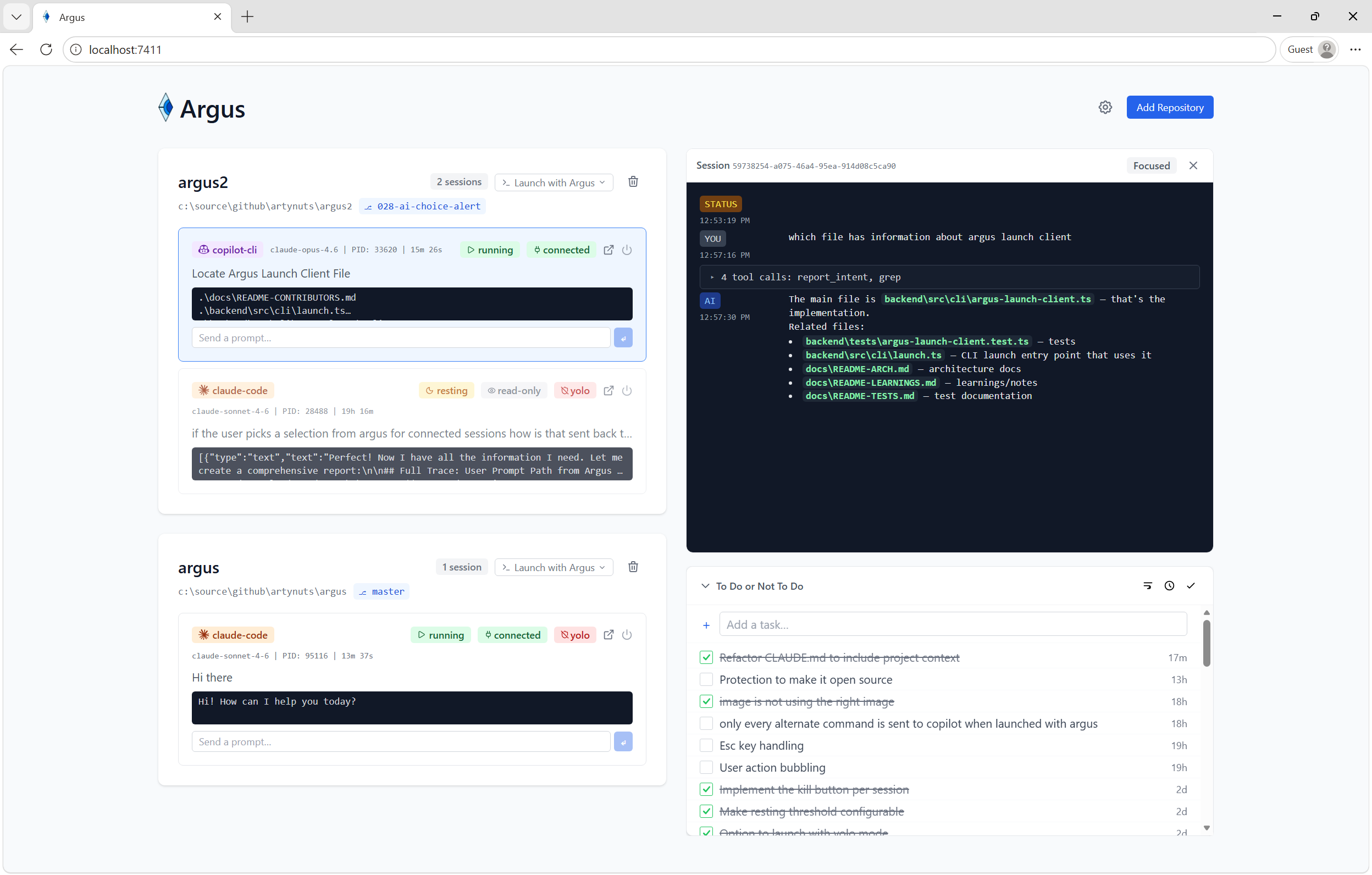 Argus session stream showing color-coded message types: YOU, AI, TOOL, and RESULT