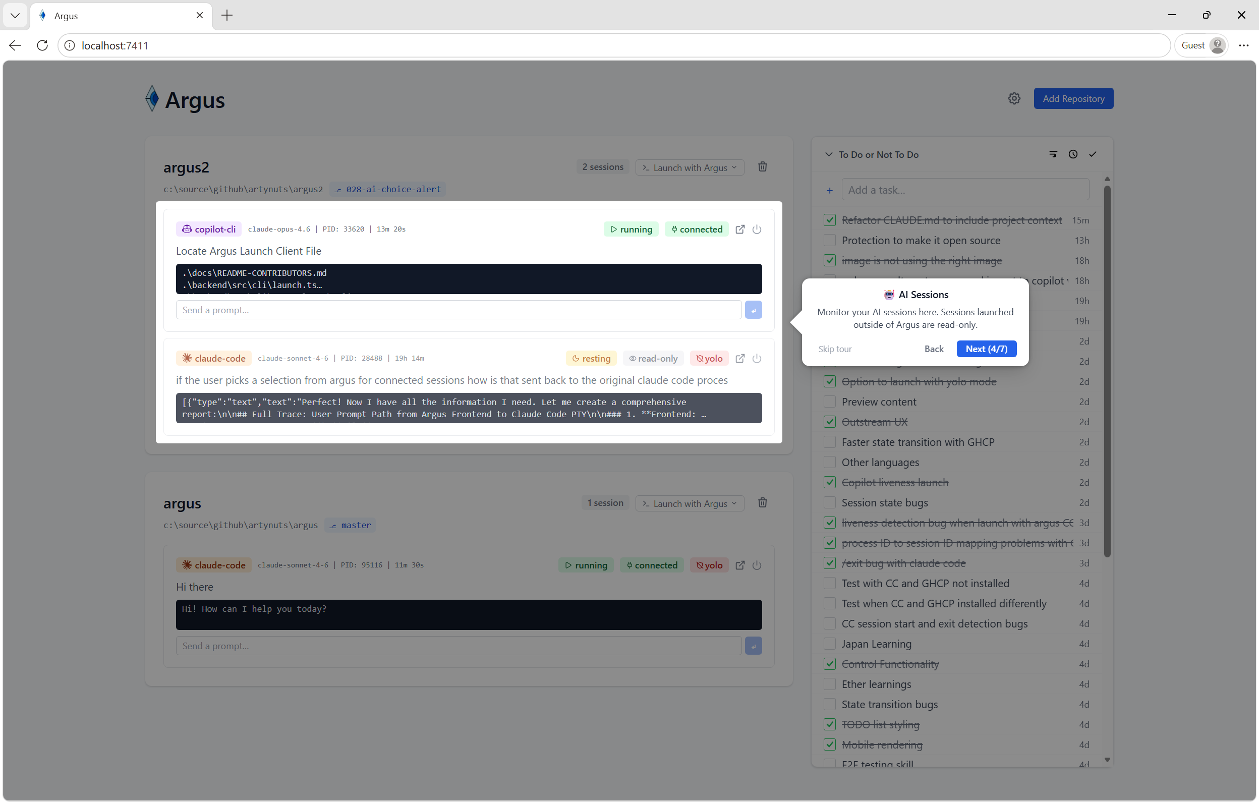 Argus session list showing multiple Claude Code and Copilot sessions with live status badges