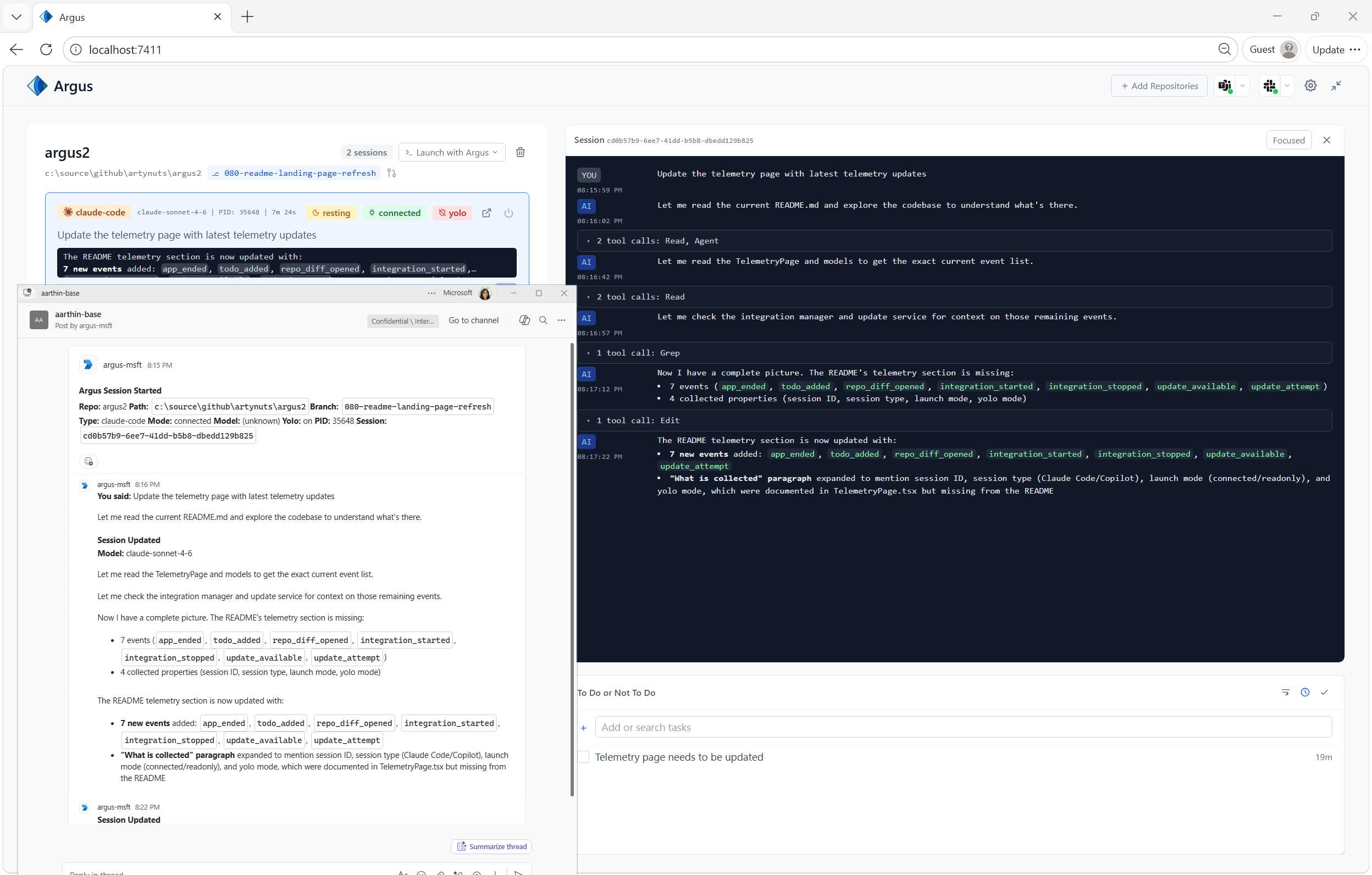 Argus session output streamed into a Microsoft Teams channel with live status updates