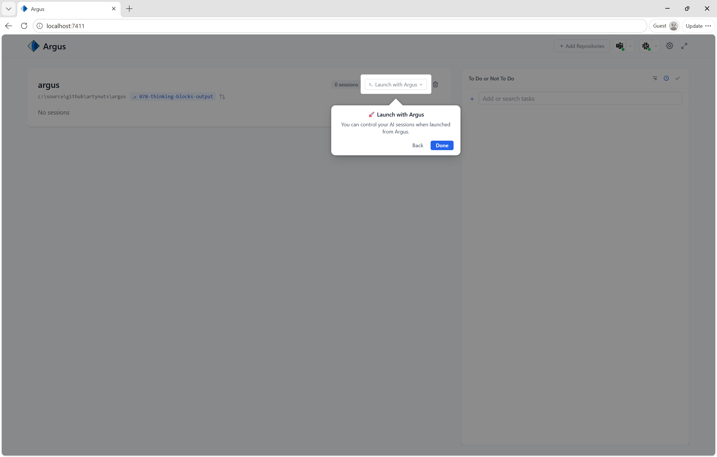 Argus control panel with prompt input and session action buttons
