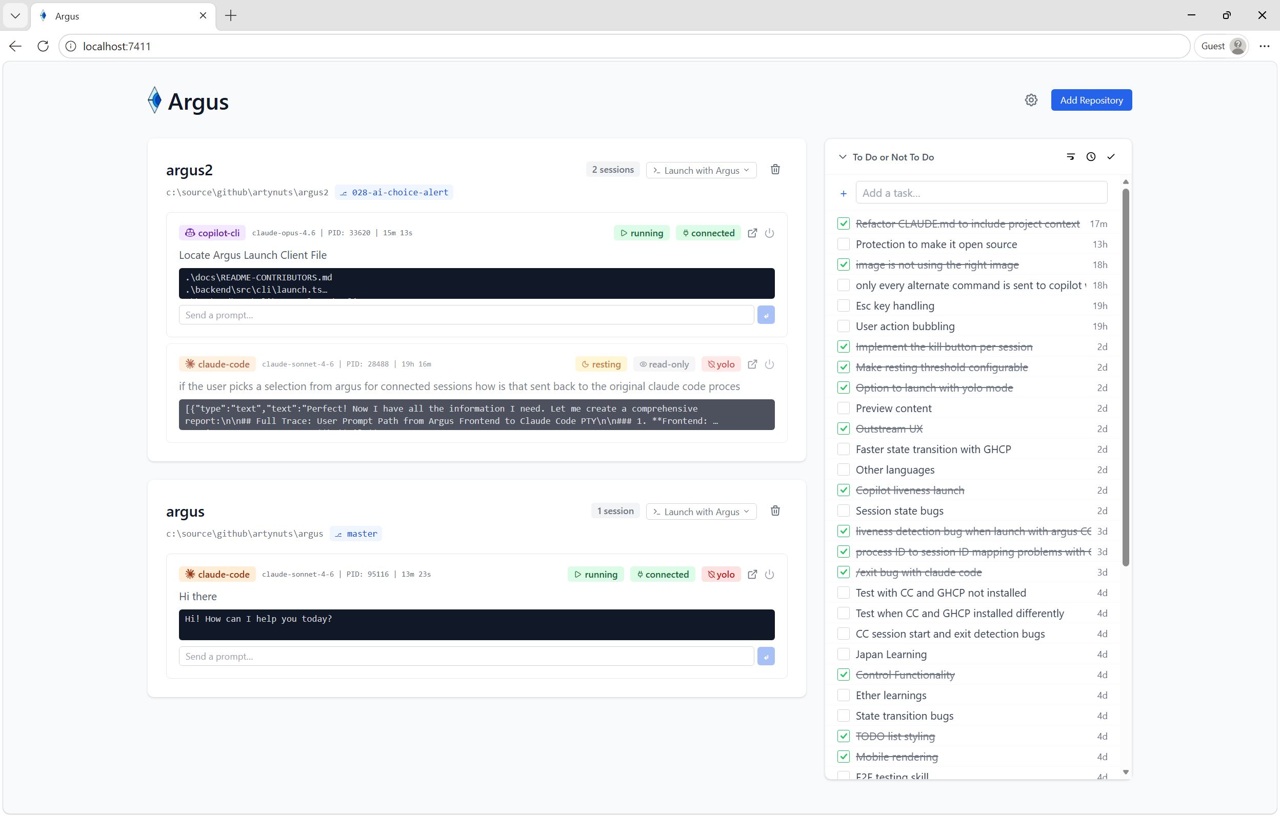 Argus dashboard showing live Claude Code and Copilot CLI sessions with status badges and elapsed time